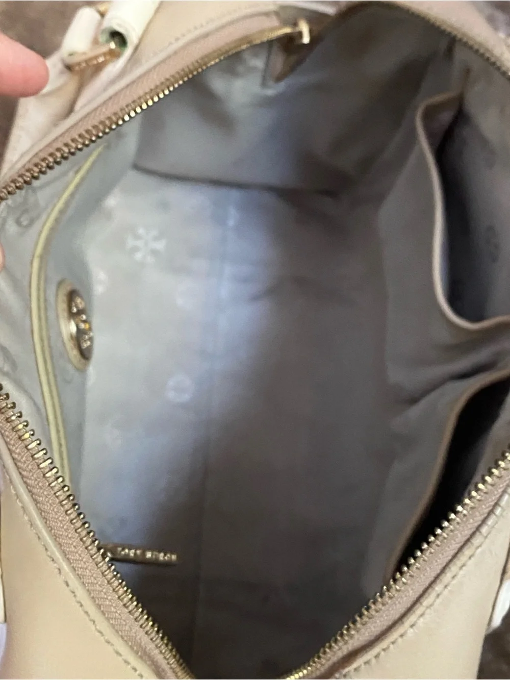 Tory Burch Taupe with Cream Trim Leather Satchel